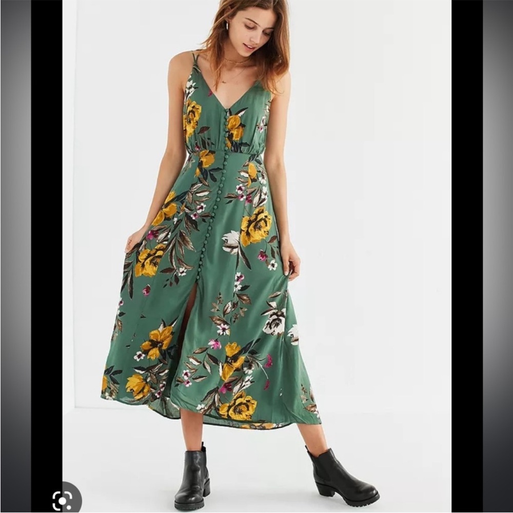 UO Lady Lava Green Floral Covered Button-Down Midi Dress